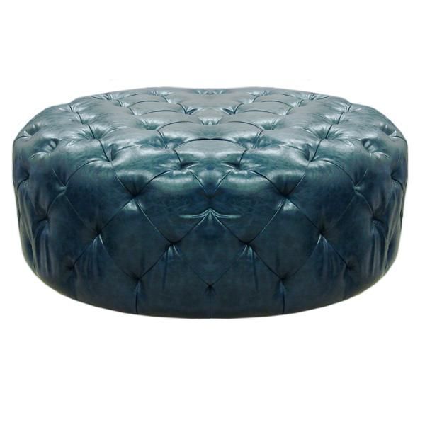 Buy Armen Living Victoria Ottoman In Ocean Blue Bonded Leather With Round Blue Faux Leather Ottomans With Pull Tab (View 2 of 20)