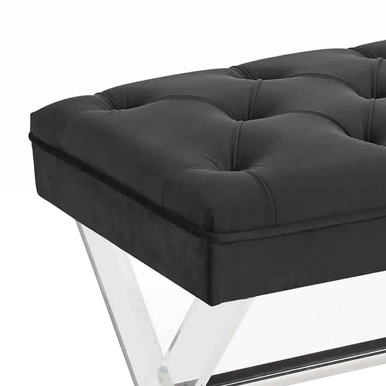 Buy Button Tufted Fabric Ottoman Bench With X Shaped Acrylic Legs With Regard To Black Fabric Ottomans With Fringe Trim (View 4 of 20)