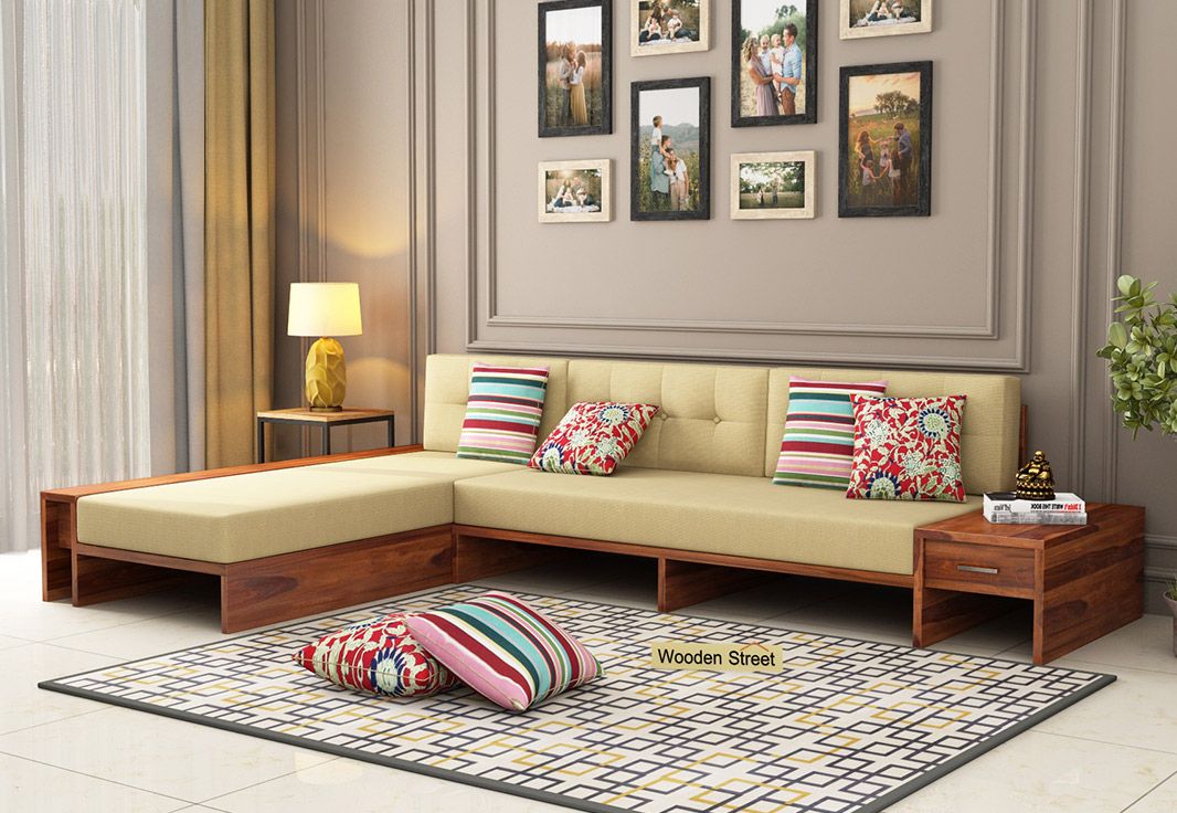 Buy Cortez L Shaped Wooden Sofa (honey Finish) Online In India – Wooden With L Shaped Console Tables (View 18 of 20)