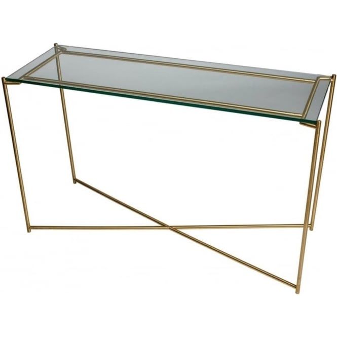 Buy Glass Large Console Table With Brass Cross Base At Fusion Living With Clear Glass Top Console Tables (View 9 of 20)