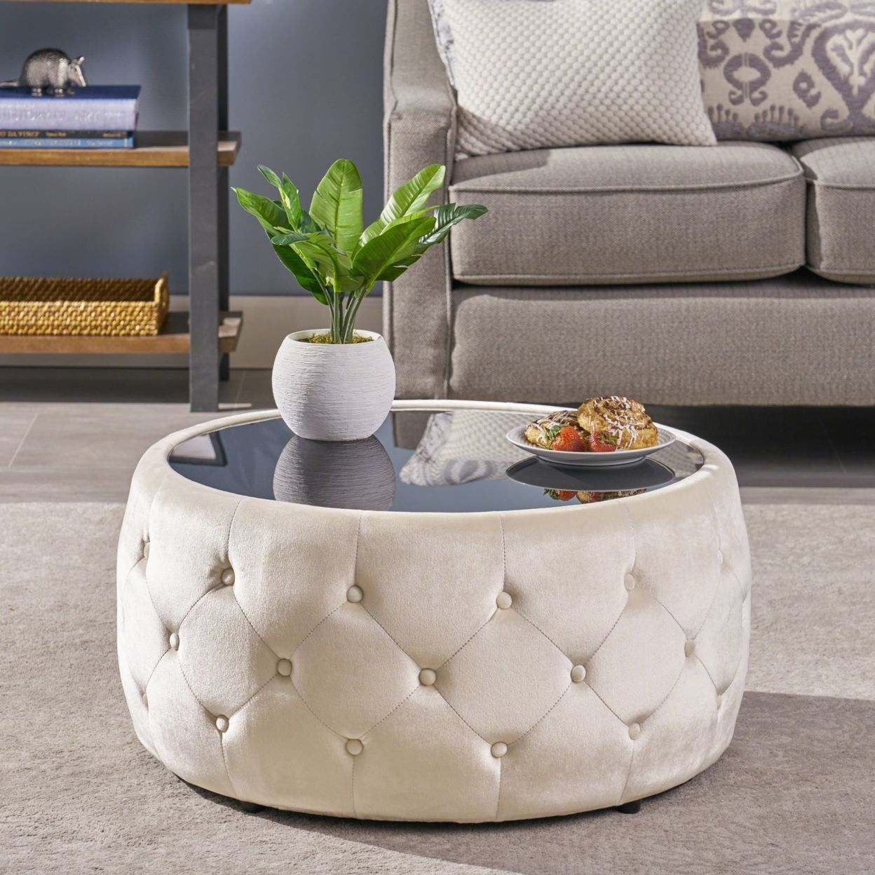 Buy Ivy Glam Velvet And Tempered Glass Coffee Table Ottoman Intended For White And Blush Fabric Square Ottomans (View 15 of 20)