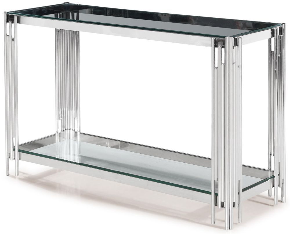 Buy Vasari Glass Console Table With Stainless Steel Frame Online – Cfs Uk Throughout Stainless Steel Console Tables (View 3 of 20)