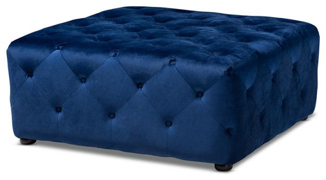 Calvetti Royal Blue Velvet Fabric Upholstered Button Tufted Cocktail Within Royal Blue Tufted Cocktail Ottomans (View 1 of 20)