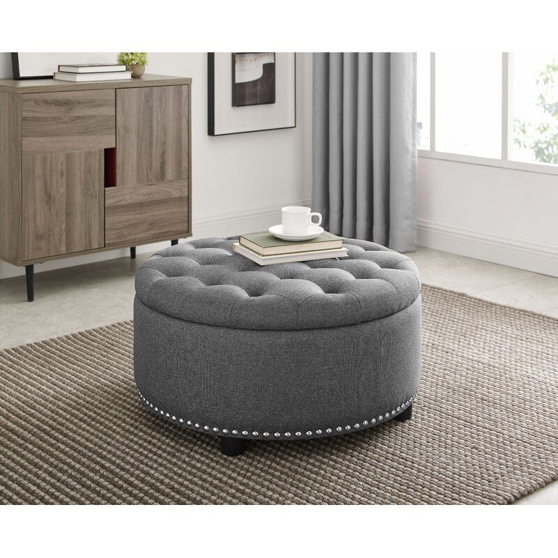 Canora Grey Champlain 30" Tufted Round Storage Ottoman & Reviews | Wayfair For Gray Fabric Tufted Oval Ottomans (View 12 of 20)
