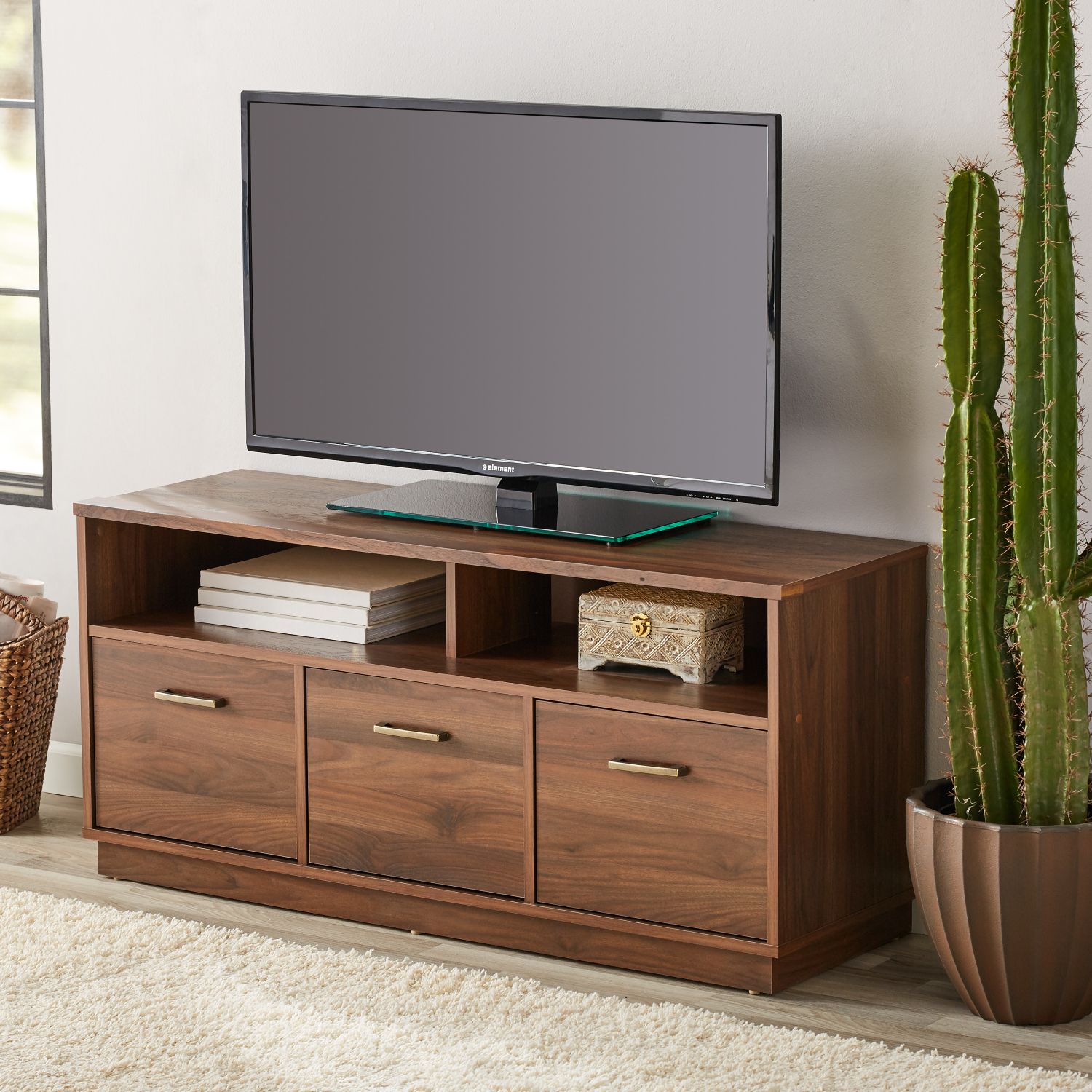 Canyon Walnut 3 Door Tv Stand Console For Tvs Up To 50 Wooden Cabinet Inside Walnut Wood Storage Trunk Console Tables (Gallery 19 of 20)