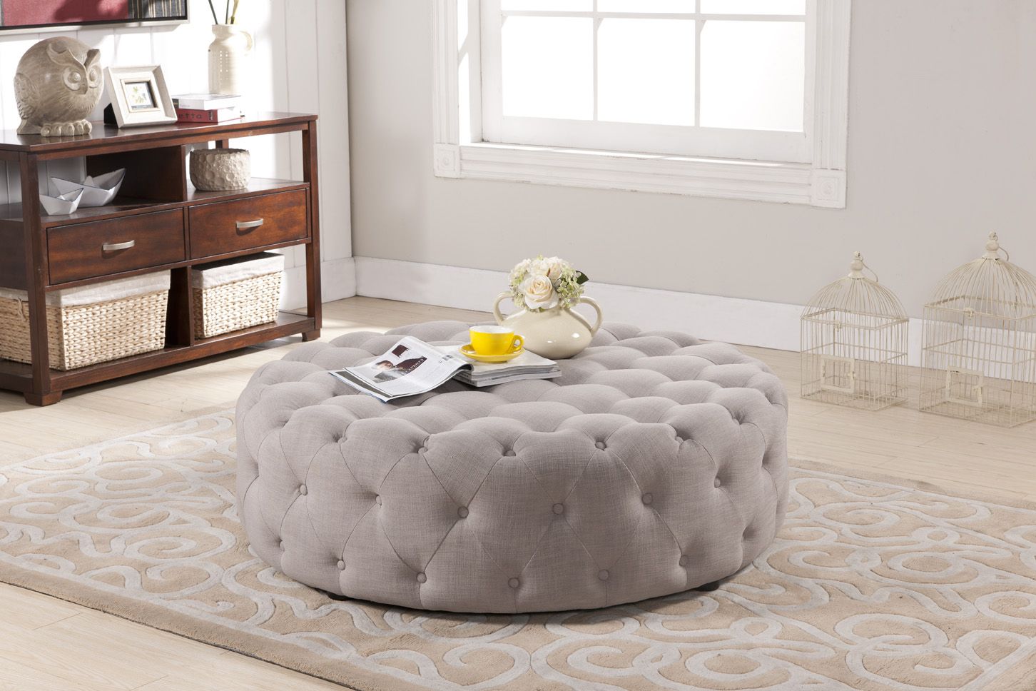 Cardiff Classic Button Tufted Linen Upholstered 41"w Round Cocktail Regarding Linen Sandstone Tufted Fabric Cocktail Ottomans (Gallery 19 of 20)