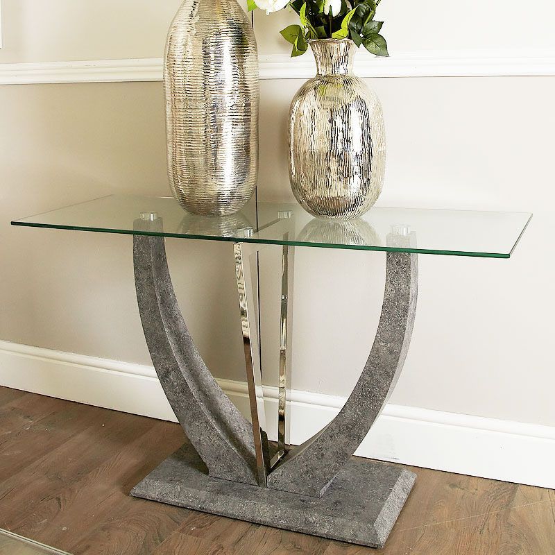 Caspian Toughened Glass Chrome And Stone Effect V Shaped Console Table Regarding Chrome And Glass Modern Console Tables (View 3 of 20)