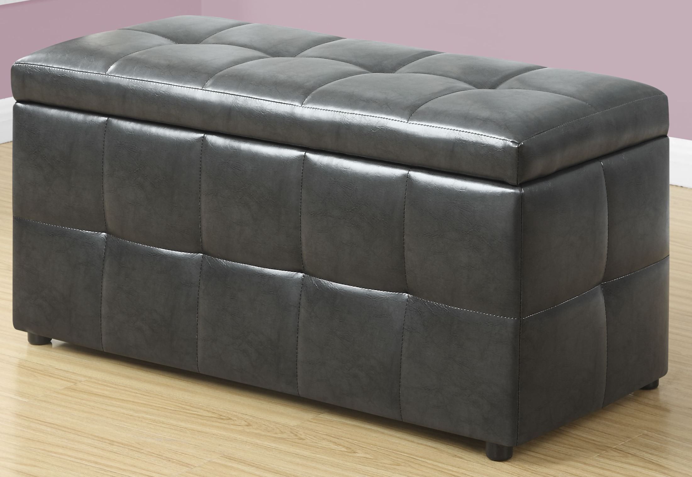 Charcoal Grey Leather Storage Ottoman, 8987, Monarch Intended For Medium Gray Leather Pouf Ottomans (View 11 of 20)