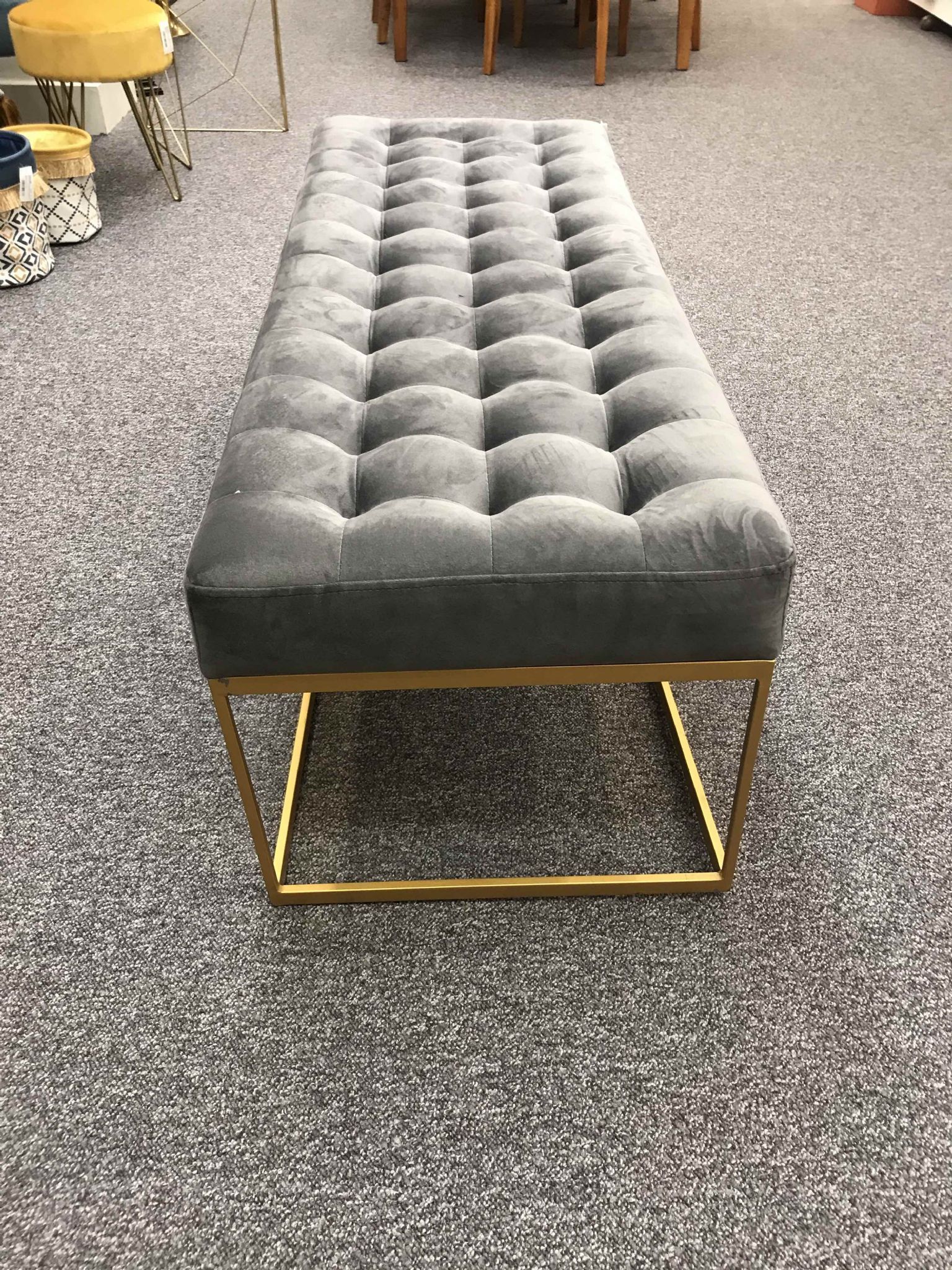 Charcoal Grey Velvet Buttoned Bench Seat With Contemporary Gold Metal With Rivet Gray Velvet Fabric Bench (Gallery 20 of 20)