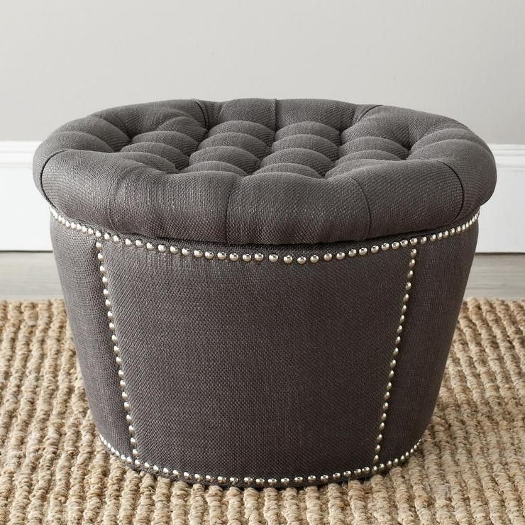 Charcoal Grey Velvet Tufted Top Nailhead Trim Round Storage Ottoman In Gray Velvet Ottomans With Ample Storage (Gallery 19 of 20)