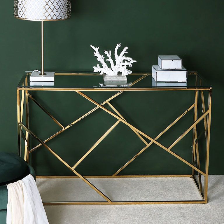 Charlotte Gold Metal Console Table With Clear Glass Top Intended For Gray And Gold Console Tables (View 1 of 20)