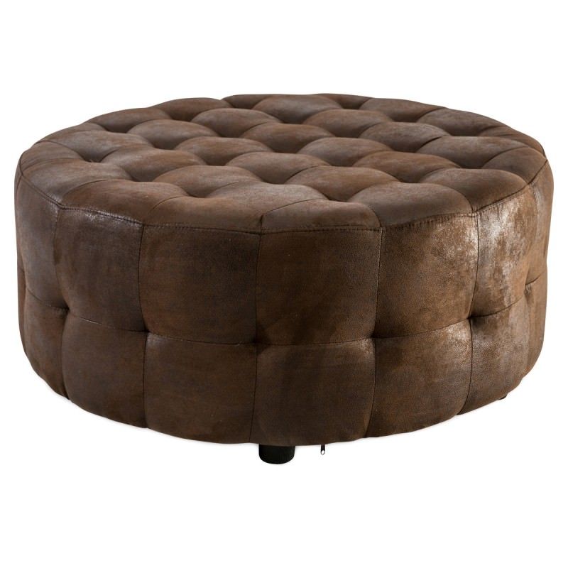 Chelmsford Quilted Faux Leather Round Ottoman – Antique Brown For Brown Leather Round Pouf Ottomans (View 11 of 20)