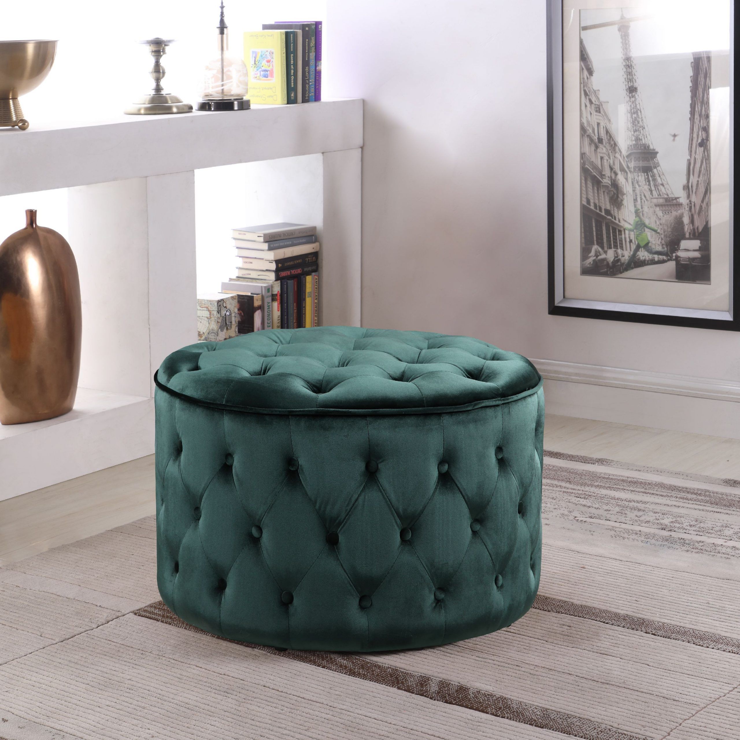 Chic Home Adna Ottoman Button Tufted Velvet Upholstered Round Pouf Intended For Tufted Ottomans (View 7 of 20)