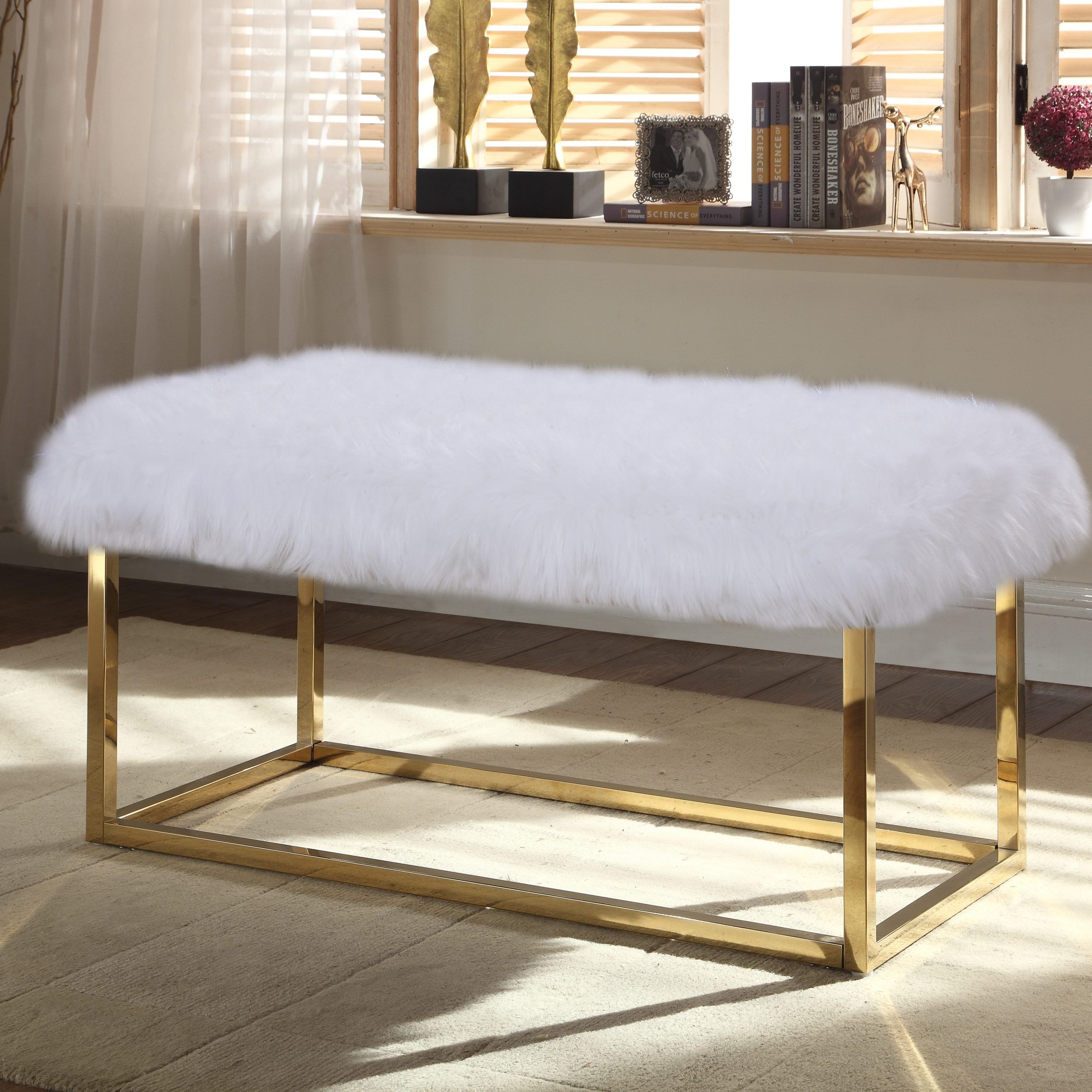 Chic Home Marilyn Bench Ottoman Faux Fur Brass Finished Stainless Steel Regarding White Faux Fur And Gold Metal Ottomans (View 13 of 20)