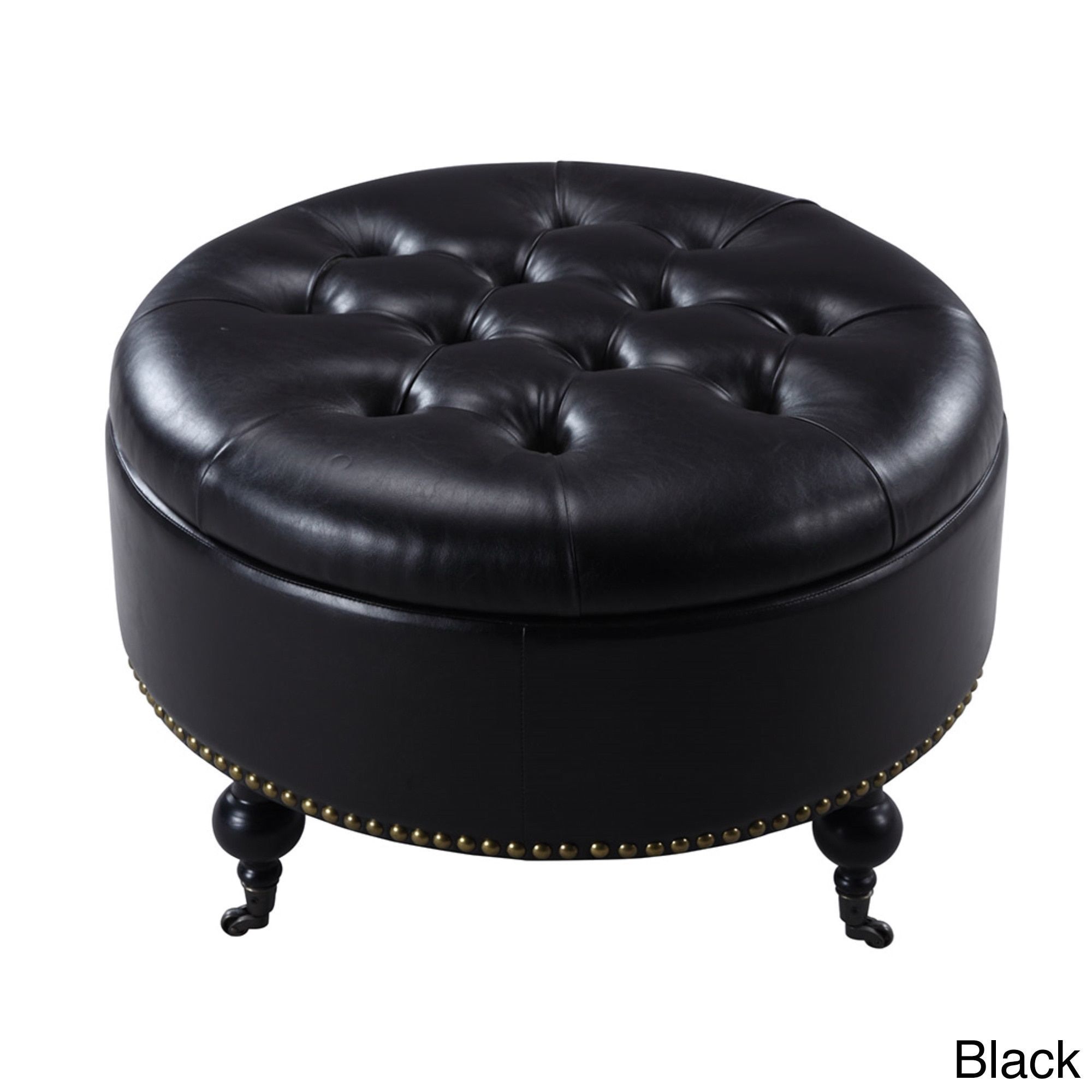 Chic Home Mona Black/ Grey/ Cream Leather Hidden Storage Button Tufted In Black Leather And Bronze Steel Tufted Ottomans (View 4 of 20)