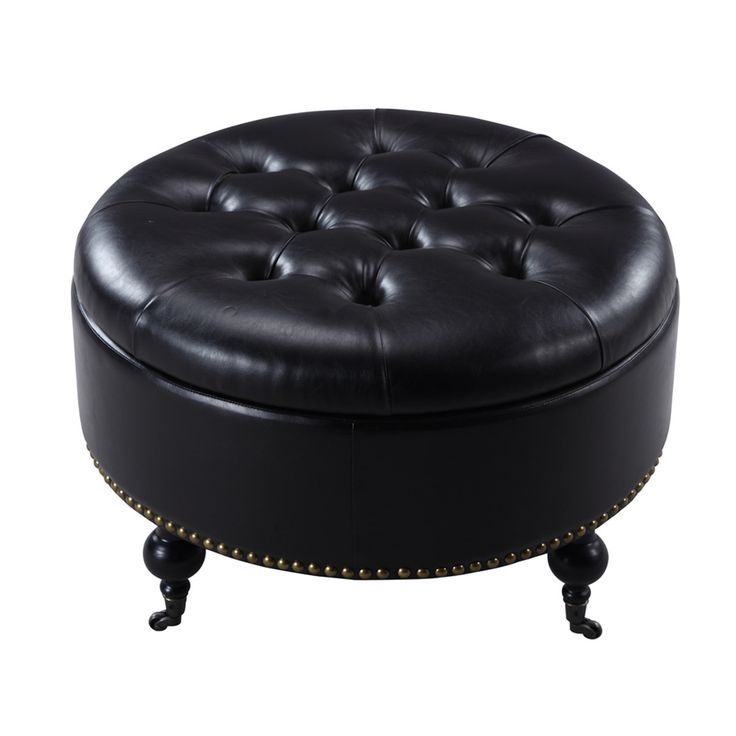 Chic Home Mona Black/ Grey/ Cream Leather Hidden Storage Button Tufted With Round Gray Faux Leather Ottomans With Pull Tab (View 12 of 19)