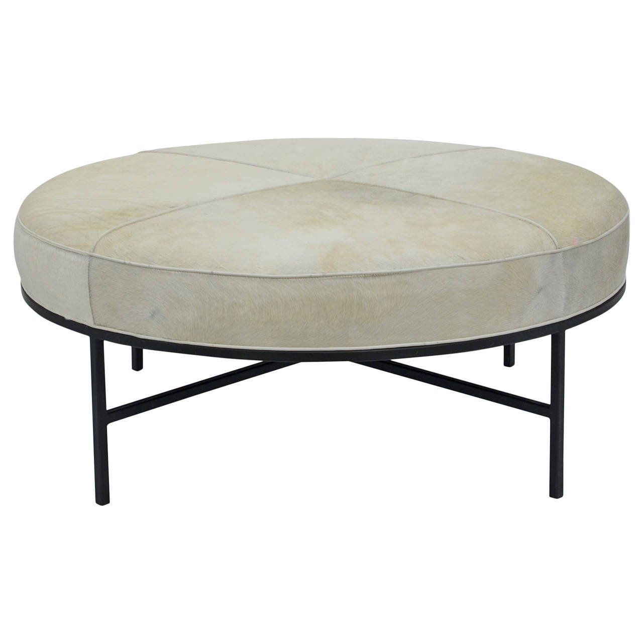 Chic White Hide And Blackened Steel Round Ottoman | From A Unique With White Large Round Ottomans (View 5 of 20)