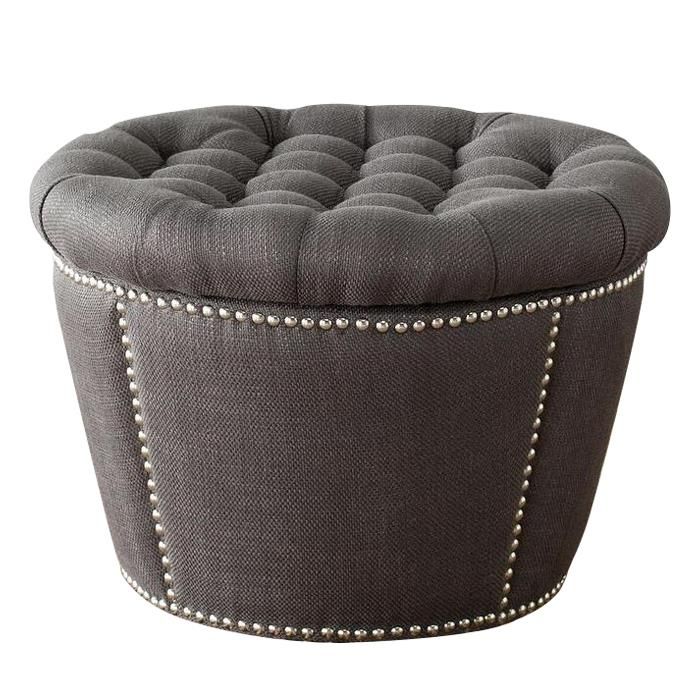 China Velvet Tufted Top Nail Head Trim Round Storage Ottoman Suppliers Pertaining To Gray Fabric Round Modern Ottomans With Rope Trim (View 8 of 20)