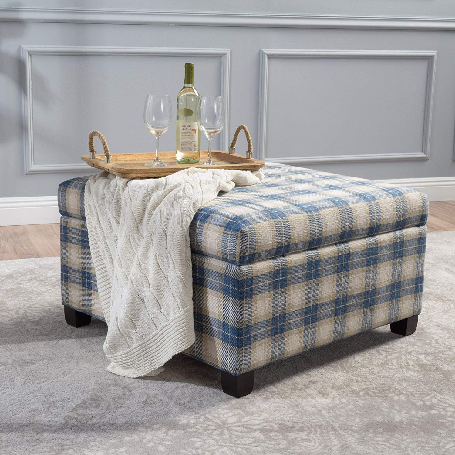 Christopher Knight Home 301022 Living Matias Blue Plaid Fabric Storage Intended For Natural Fabric Square Ottomans (Gallery 20 of 20)