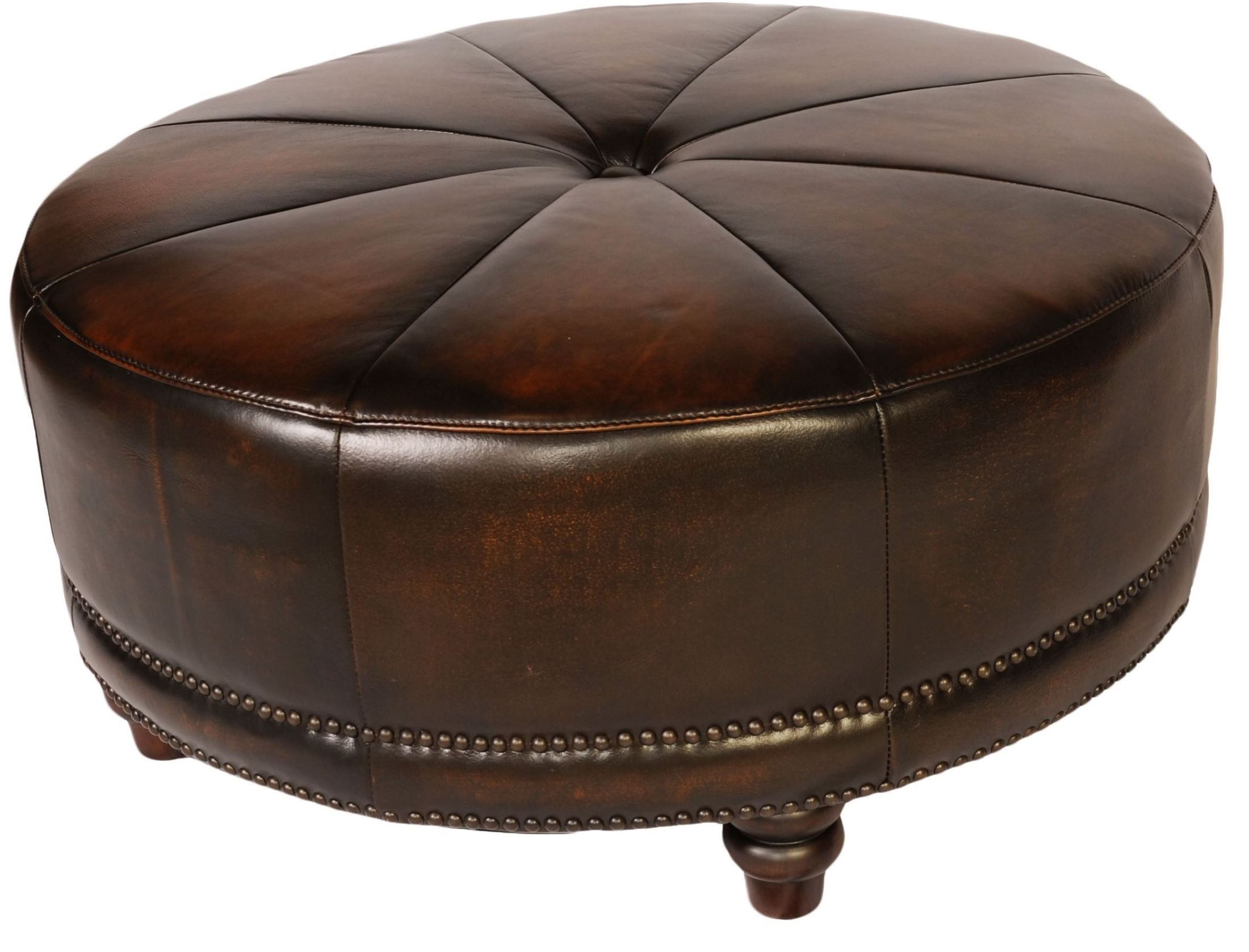 Cindy Black & Tan Leather Round Ottoman From Lazzaro (wh F371 3358b Within Dark Brown Leather Pouf Ottomans (View 13 of 20)