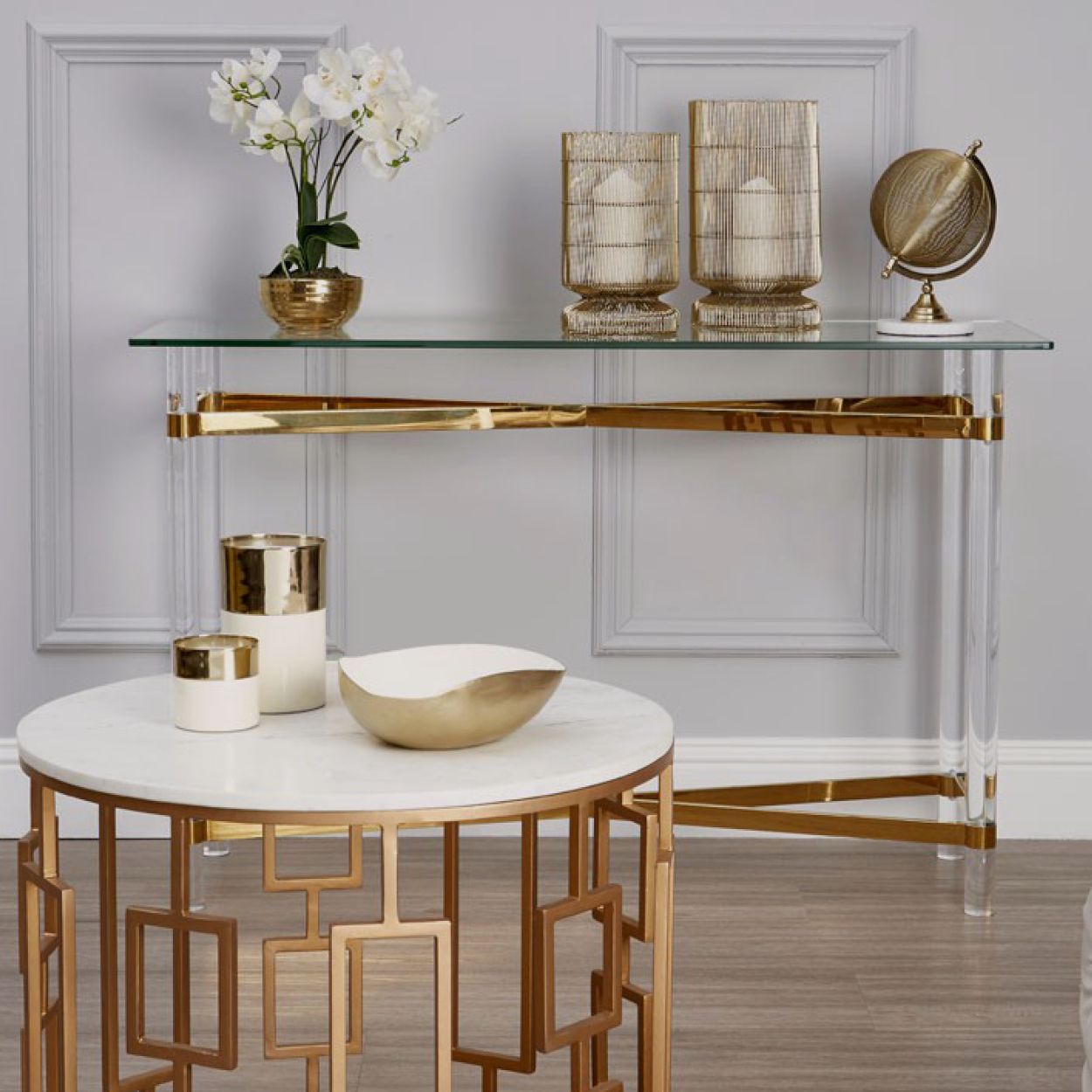 Clarence Glass And Gold Console Table | House Of Sloane With Regard To Geometric Glass Top Gold Console Tables (View 10 of 20)