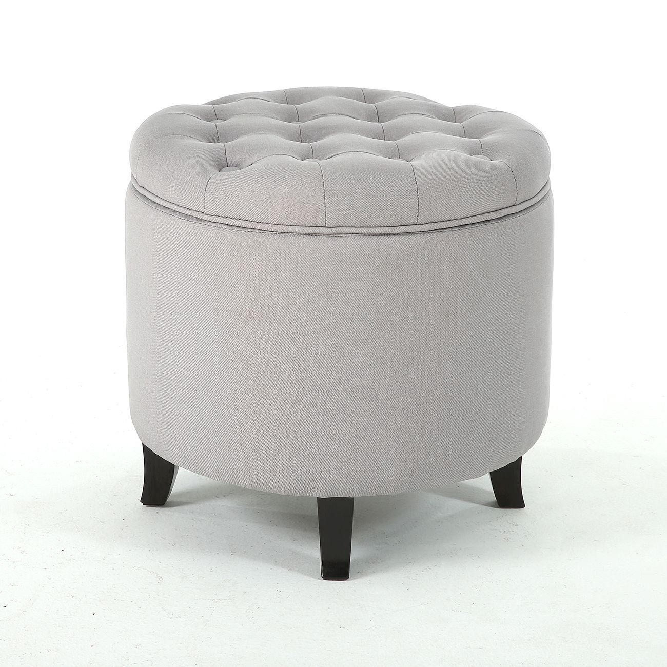 Classic Storage Ottoman Seat Nailhead Trim Large Round Tufted Table Within Light Gray Fabric Tufted Round Storage Ottomans (View 6 of 20)