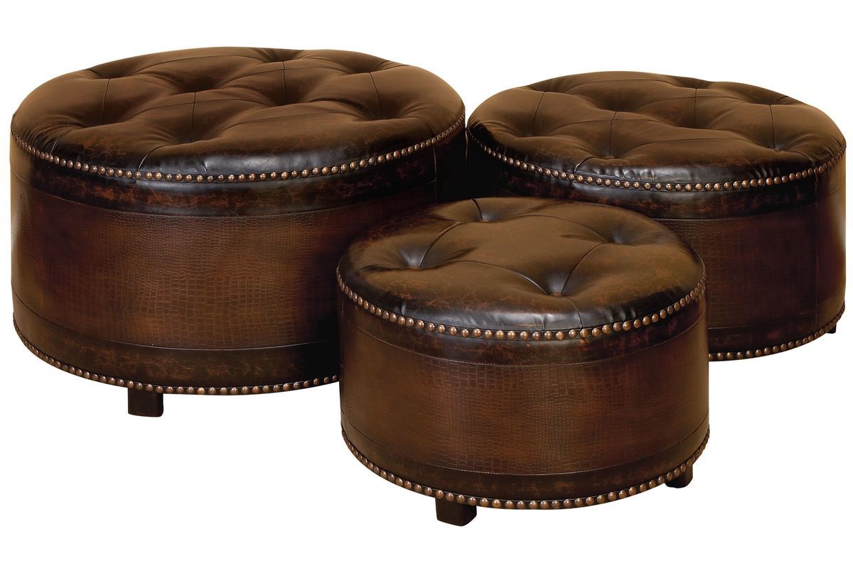 Classic Tufted Leather Round Ottomans (set Of 3) At Gardner White Intended For Weathered Ivory Leather Hide Pouf Ottomans (View 17 of 20)