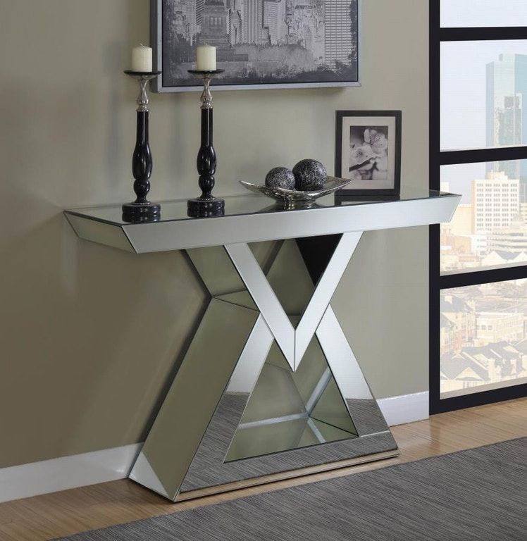 Clear Mirror Console Table W/ Triangle Basecoaster | Broadway Furniture Pertaining To Triangular Console Tables (Gallery 19 of 20)