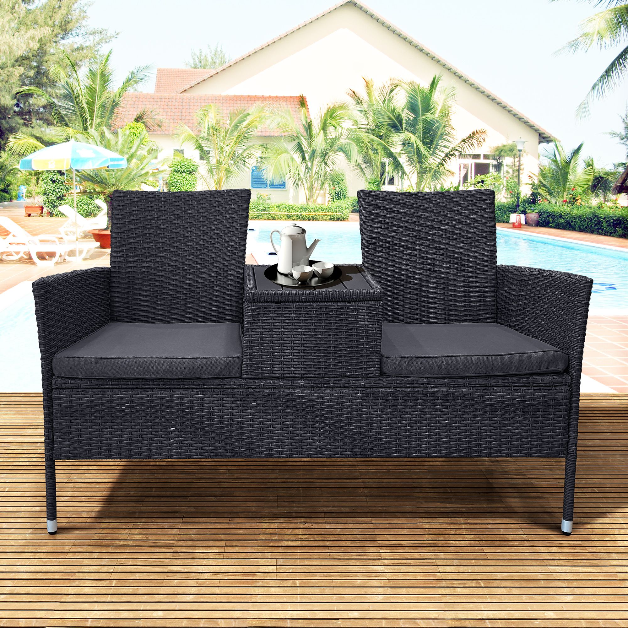 Clearance! Outdoor Conversation Set, Rattan Wicker 2 Person Sofa With Regard To Black And Tan Rattan Console Tables (View 2 of 20)