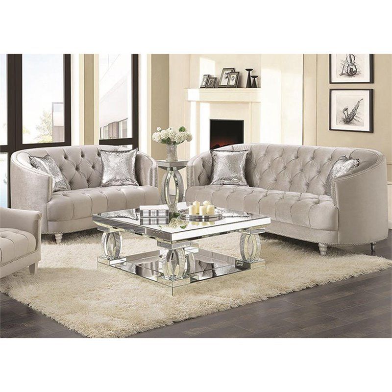 Coaster Avonlea 2 Piece Velvet Tufted Sofa Set In Gray And Silver With 2 Piece Round Console Tables Set (View 17 of 20)