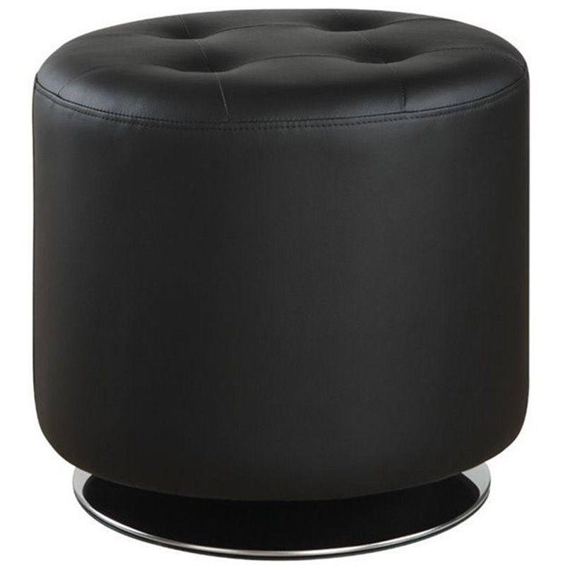 Coaster Tufted Faux Leather Round Ottoman In Black And Chrome – 500556 Regarding Black Faux Leather Ottomans With Pull Tab (Gallery 20 of 20)