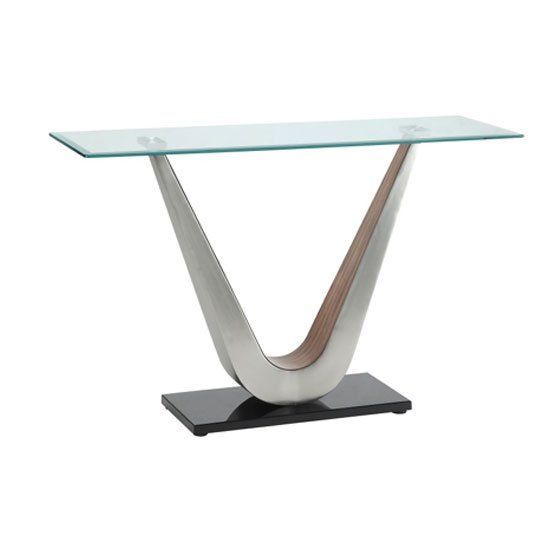 Cobra Console Table In Clear Glass Top With V Shape Walnut Base Throughout Clear Glass Top Console Tables (View 10 of 20)