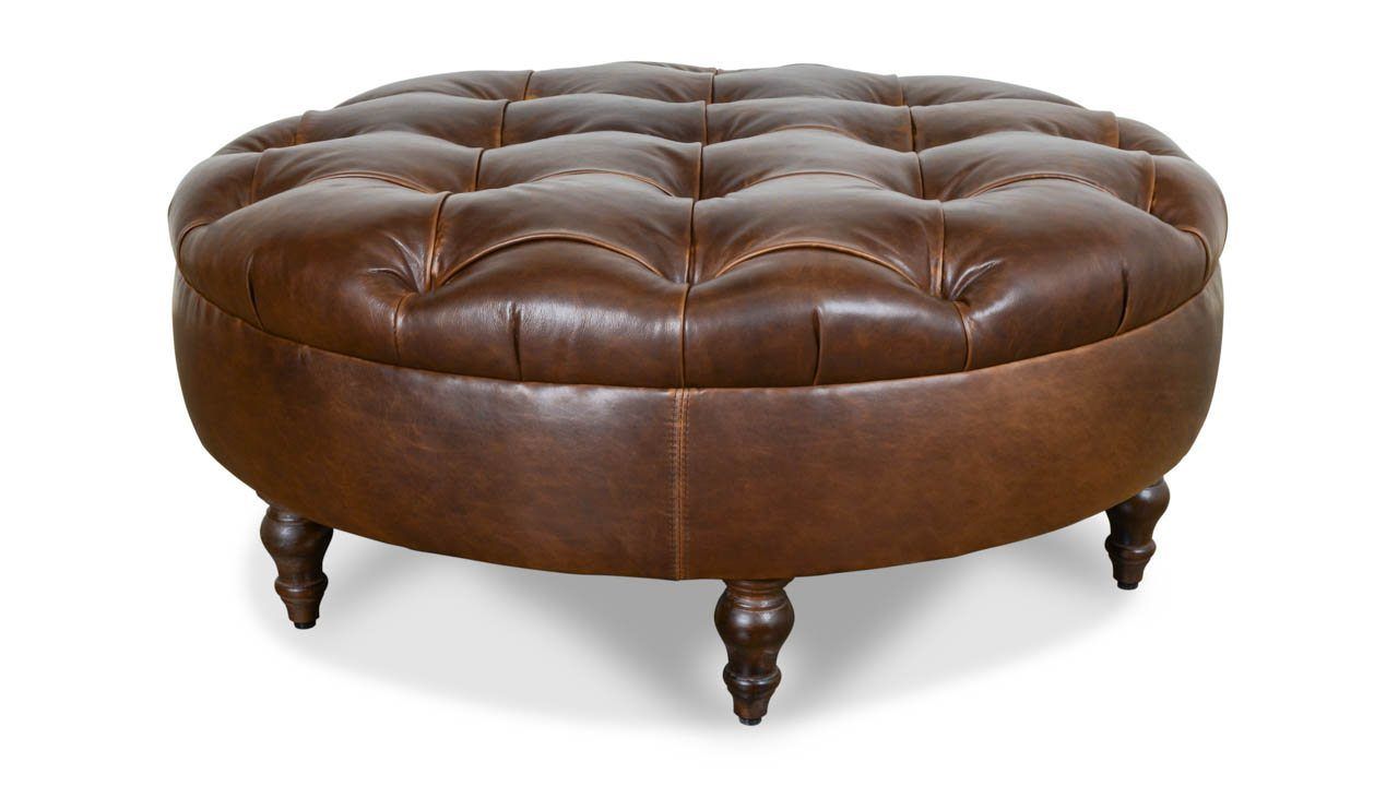 Cococohome | Chesterfield Round Leather Ottoman – Made In Usa Intended For Brown Leather Round Pouf Ottomans (View 9 of 20)