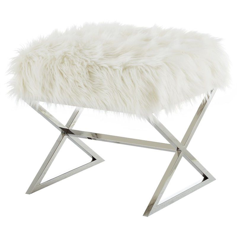 Colin White Faux Fur Ottoman – Stainless Steel – Chrome X Legs | Ebay With White Faux Fur And Gold Metal Ottomans (View 9 of 20)