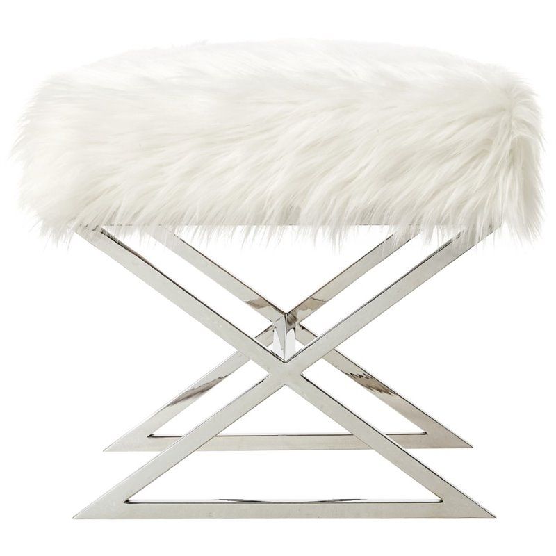 Colin White Faux Fur Ottoman – Stainless Steel – Chrome X Legs | Ebay With White Faux Fur And Gold Metal Ottomans (View 7 of 20)