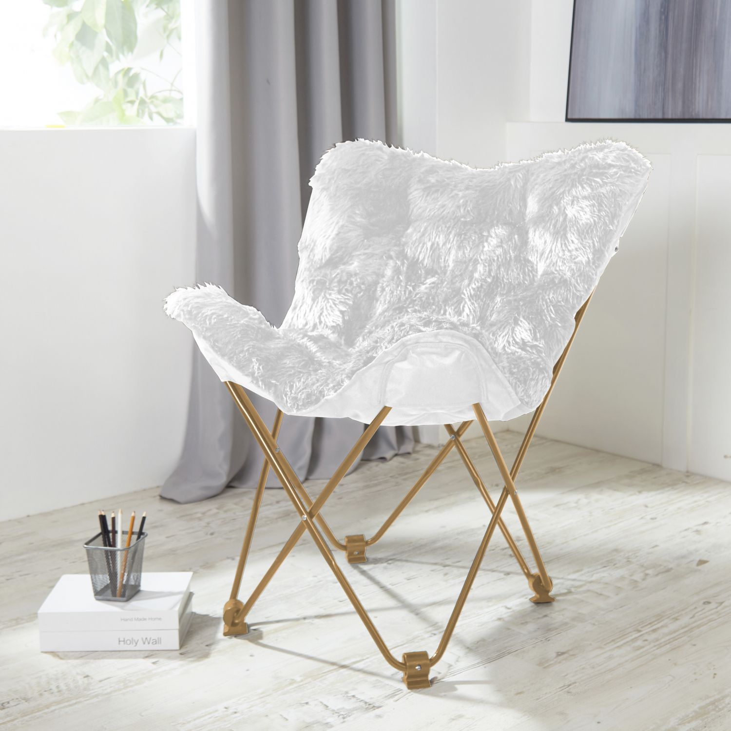 Comfy White Faux Fur Butterfly Folding Chair Seat Teen Dorm Bedroom Inside White Faux Fur Round Accent Stools With Storage (View 13 of 20)