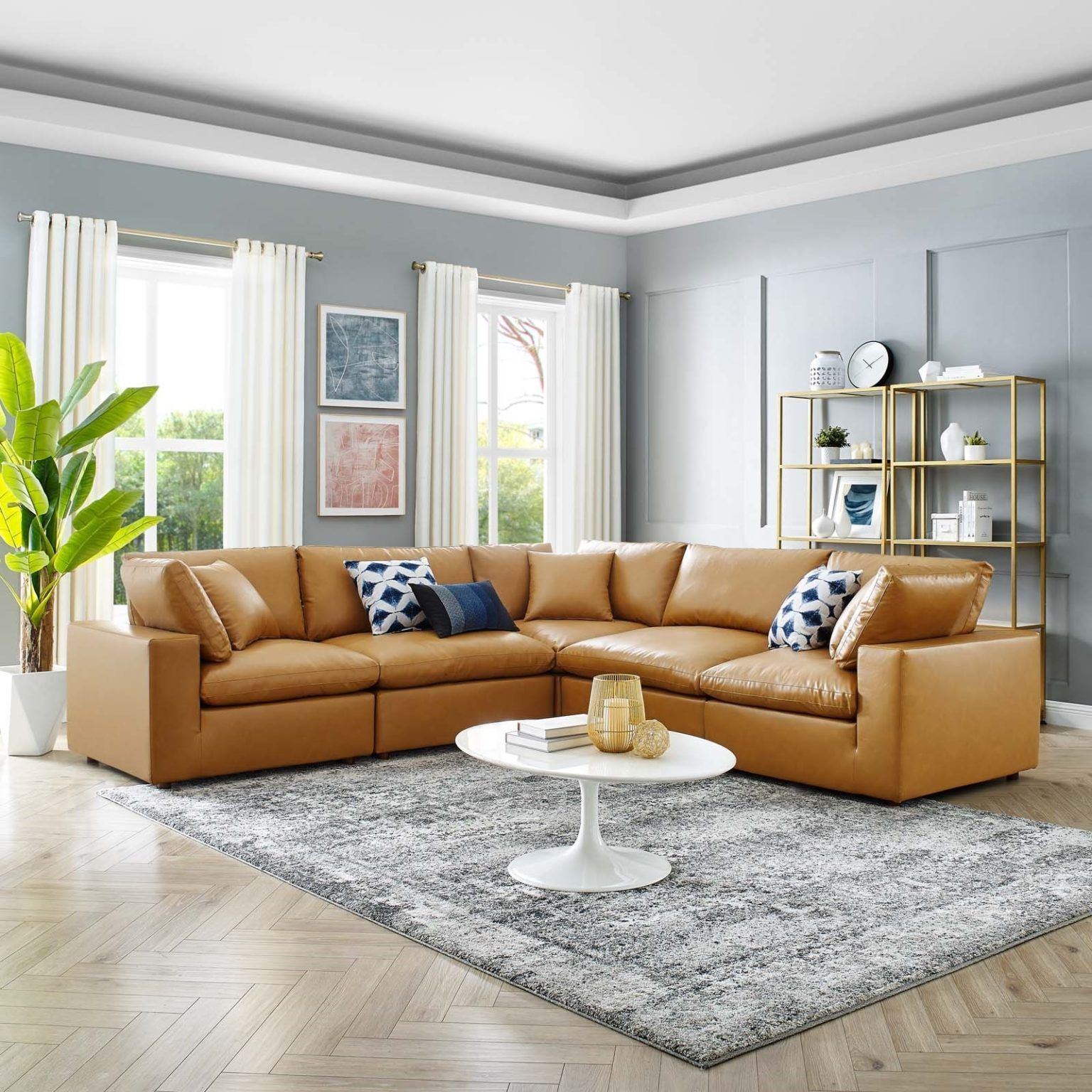 Commix Down Filled Overstuffed Vegan Leather 5 Piece Sectional Sofa In Throughout 5 Piece Console Tables (View 7 of 20)