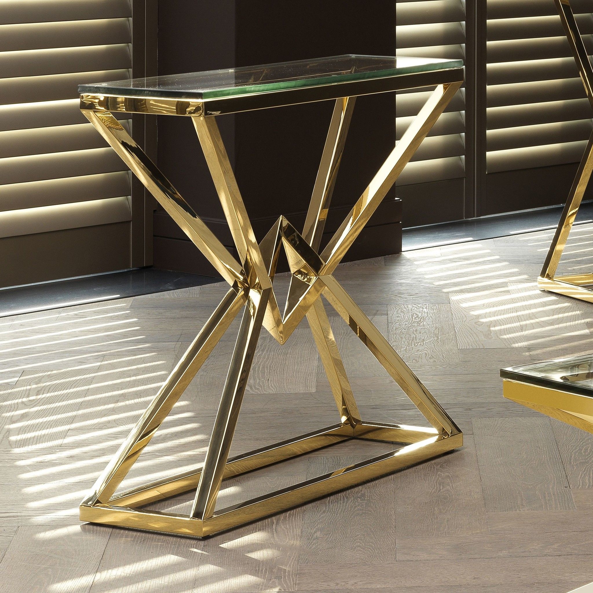 Connor S Gold Glass Console Table – Wilhelmina Designs Regarding Gold Console Tables (View 5 of 20)