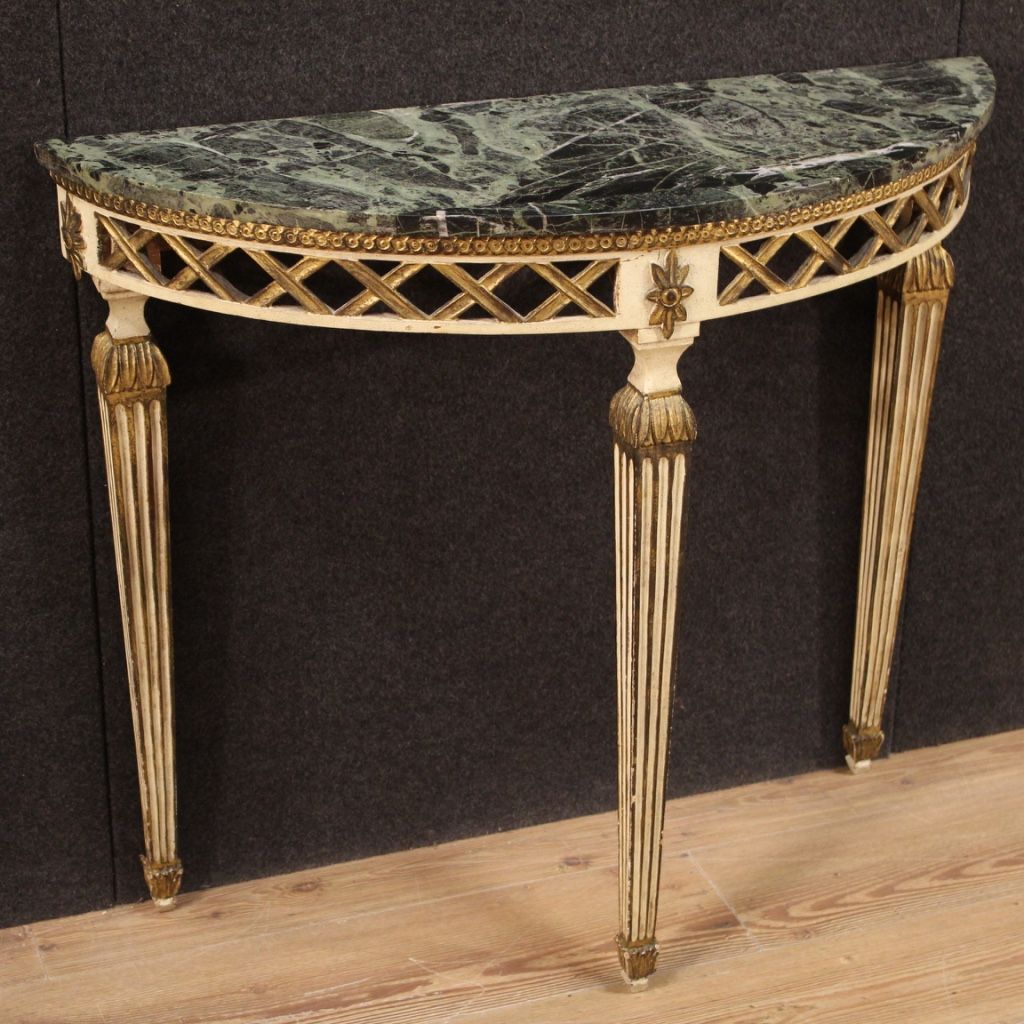 Console Antique Style Louis Xvi Marble Top Demilune Table In Painted In Antique Gold Nesting Console Tables (View 3 of 20)