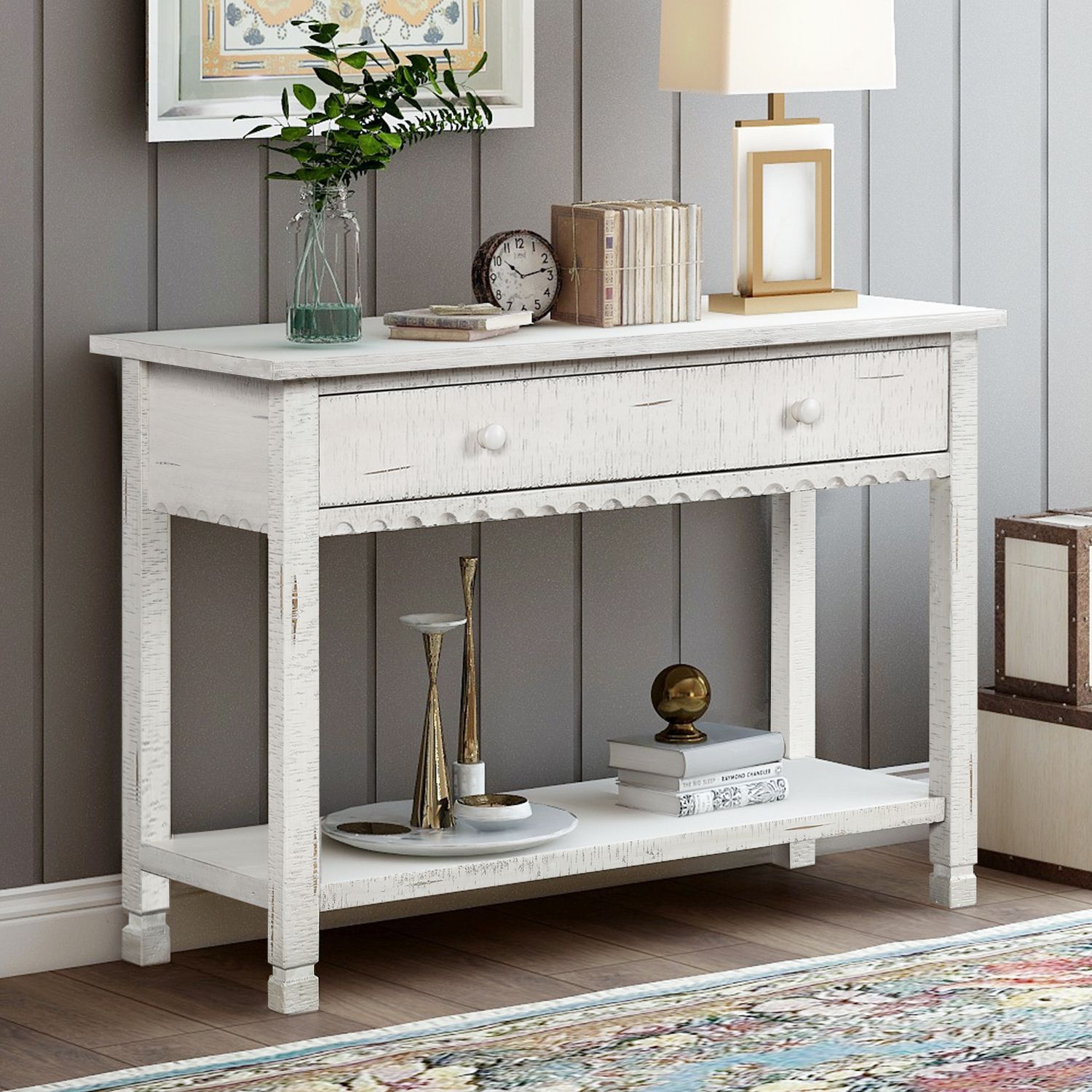 Console Sofa Table With Drawers, Btmway Wooden Rustic Narrow Entrance Throughout White Triangular Console Tables (View 1 of 20)