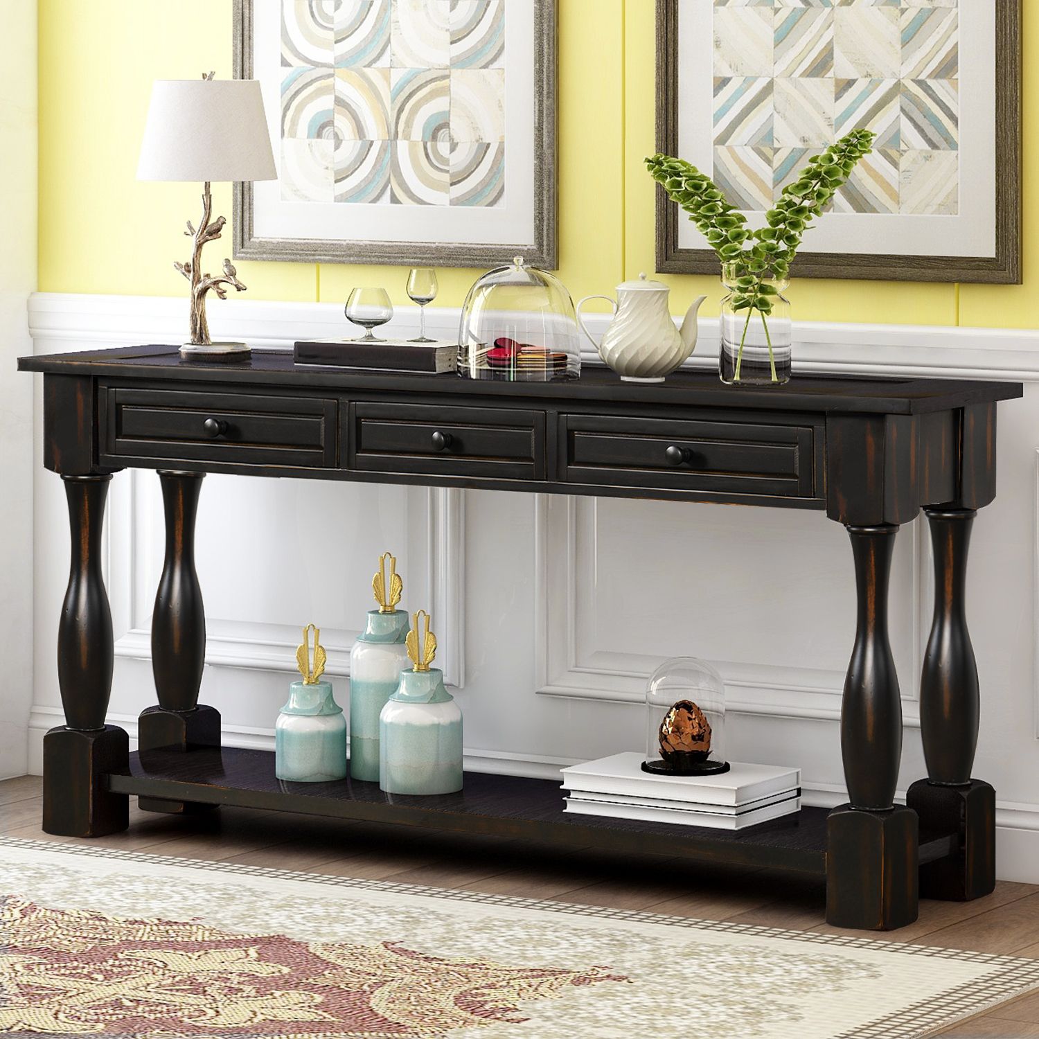 Console Table 64" Long Sofa Table Easy Assembly With Drawers And Shelf With Caviar Black Console Tables (View 9 of 20)