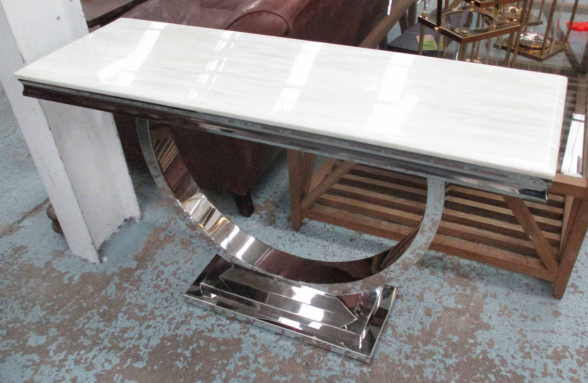 Console Table, Polished Metal, With White Marble Top, 40cm D X 121cm W Inside Square Black And Brushed Gold Console Tables (View 8 of 20)