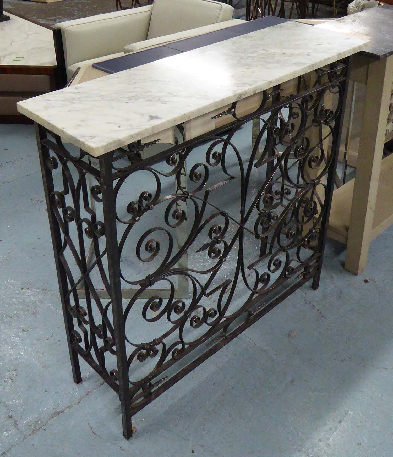 Console Table, The White Marble Top On A Wrought Iron Base, 30cm D X Pertaining To Hammered Antique Brass Modern Console Tables (View 5 of 16)