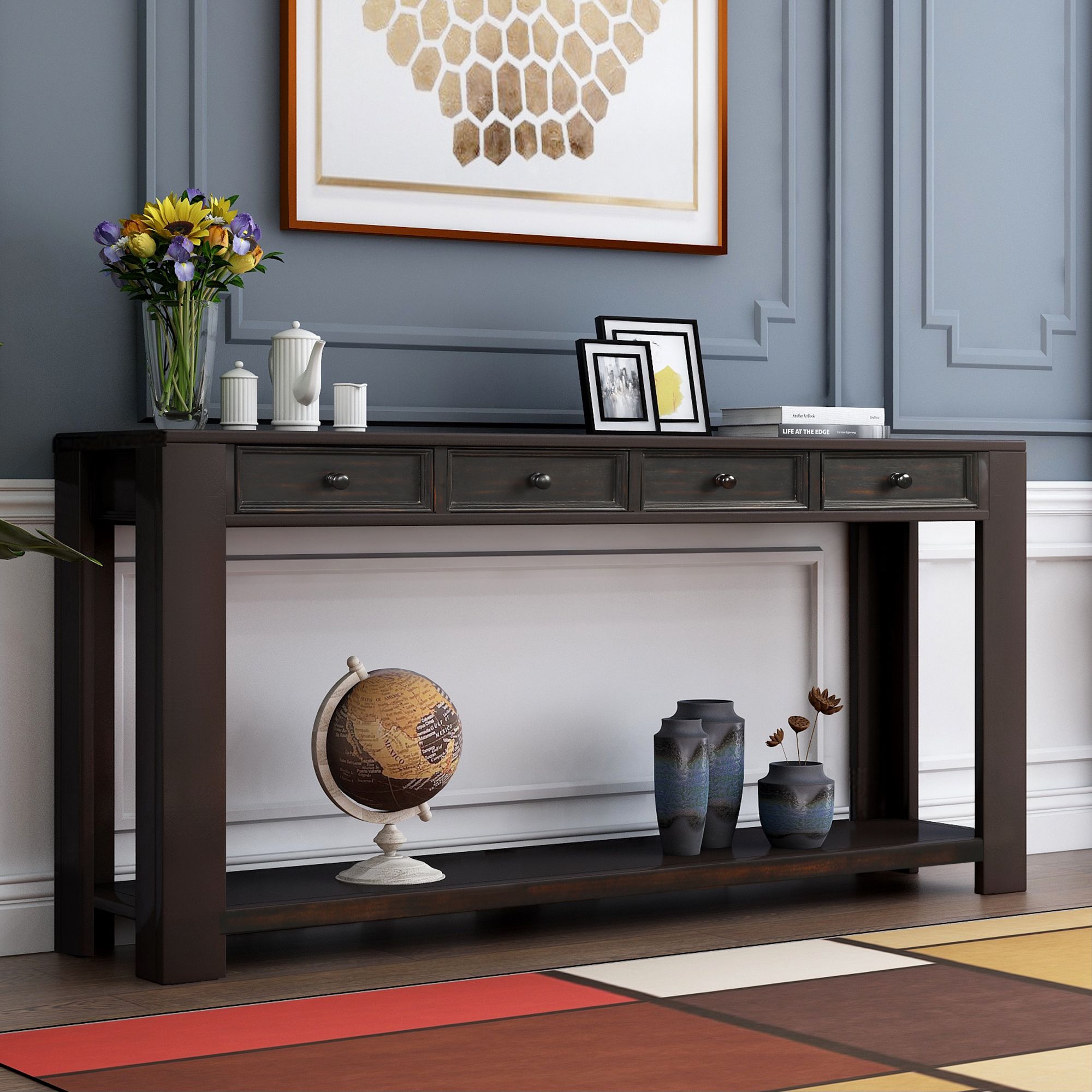 Console Table With 4 Drawer, Industric Entrywall Hallway Sofa Table For Wood Console Tables (View 1 of 20)