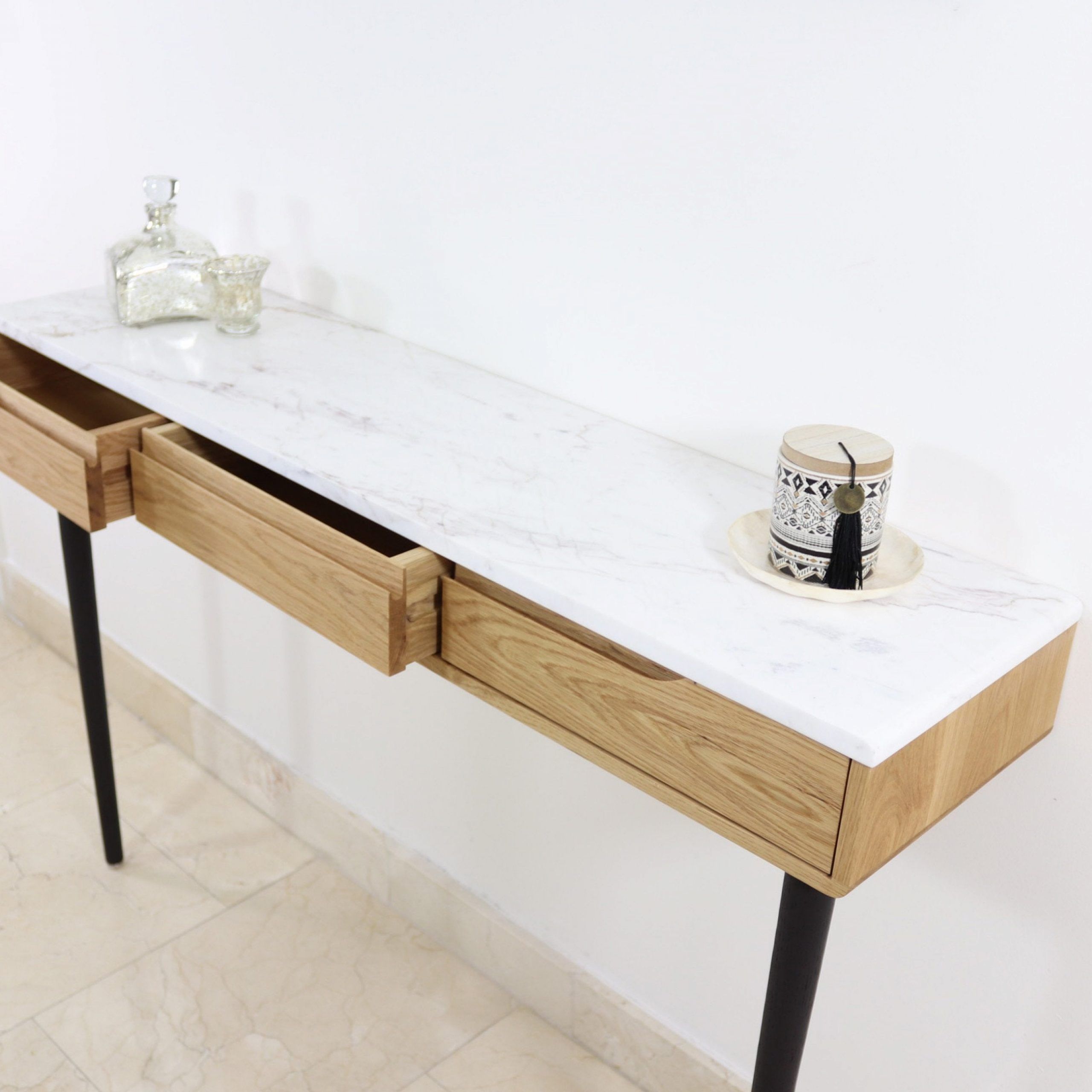 Console Table With Drawers In Solid American Oak With Top In Wood Or Regarding Honey Oak And Marble Console Tables (View 3 of 20)