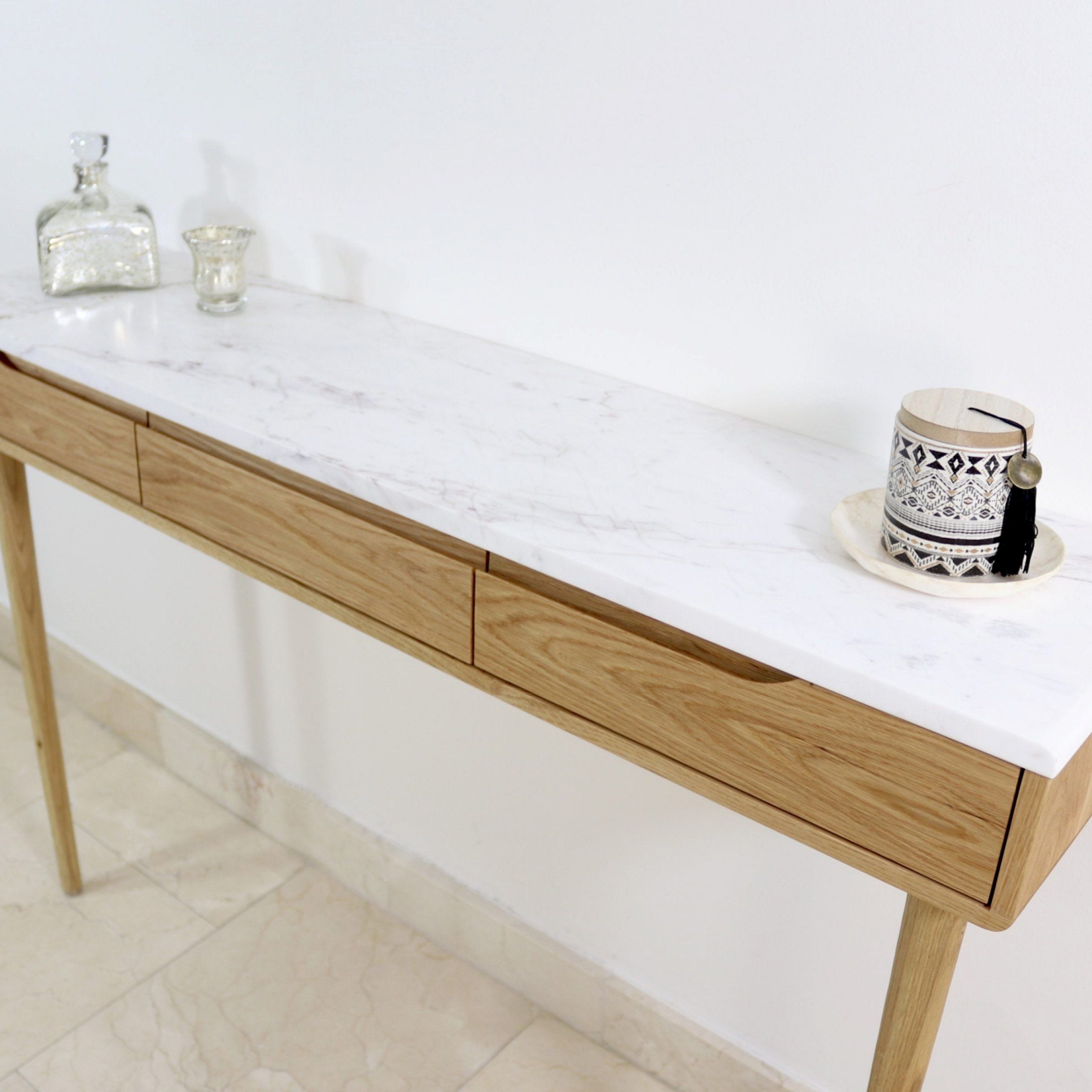 Console Table With Drawers In Solid American Oak With Top In Wood Or Within Honey Oak And Marble Console Tables (View 8 of 20)