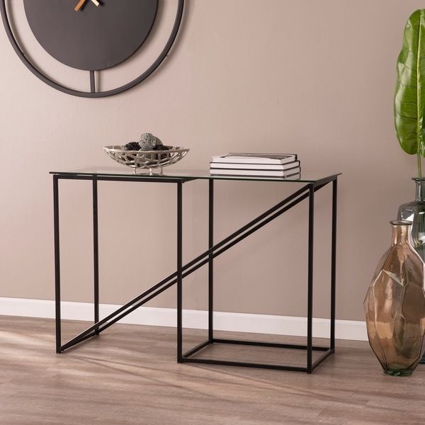 Contemporary Black Metal Glass Console Table – Overstock – 29602714 Pertaining To Glass And Pewter Oval Console Tables (View 5 of 20)