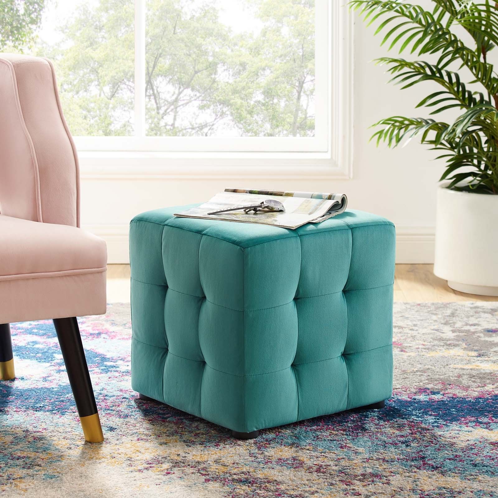 Contour Teal Tufted Cube Performance Velvet Ottoman Eei 3577 Tea Throughout Navy And Light Gray Woven Pouf Ottomans (View 8 of 20)