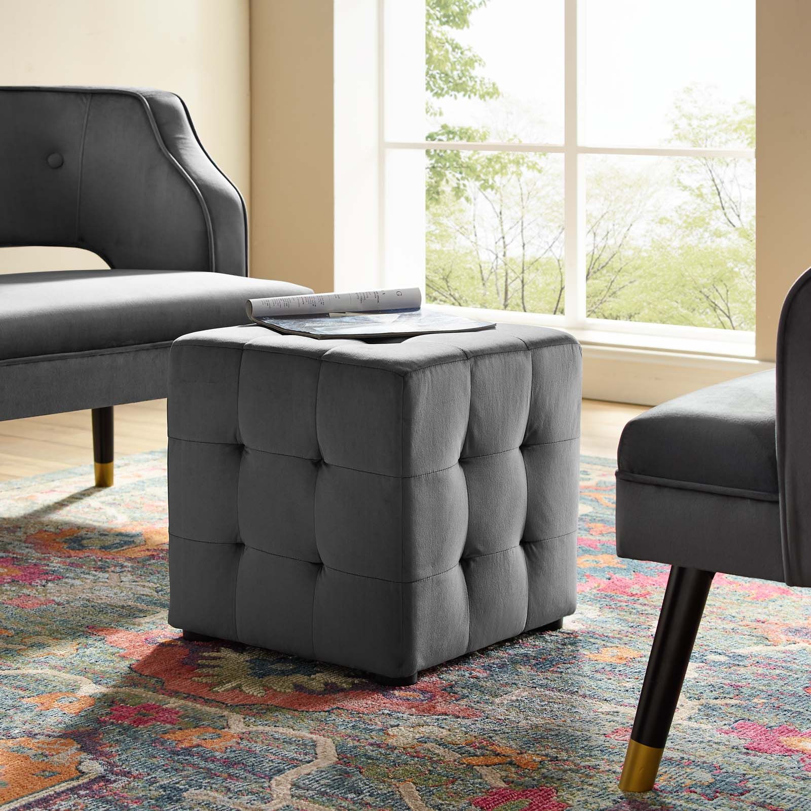 Contour Tufted Cube Performance Velvet Ottoman Gray Intended For Light Blue And Gray Solid Cube Pouf Ottomans (View 12 of 20)