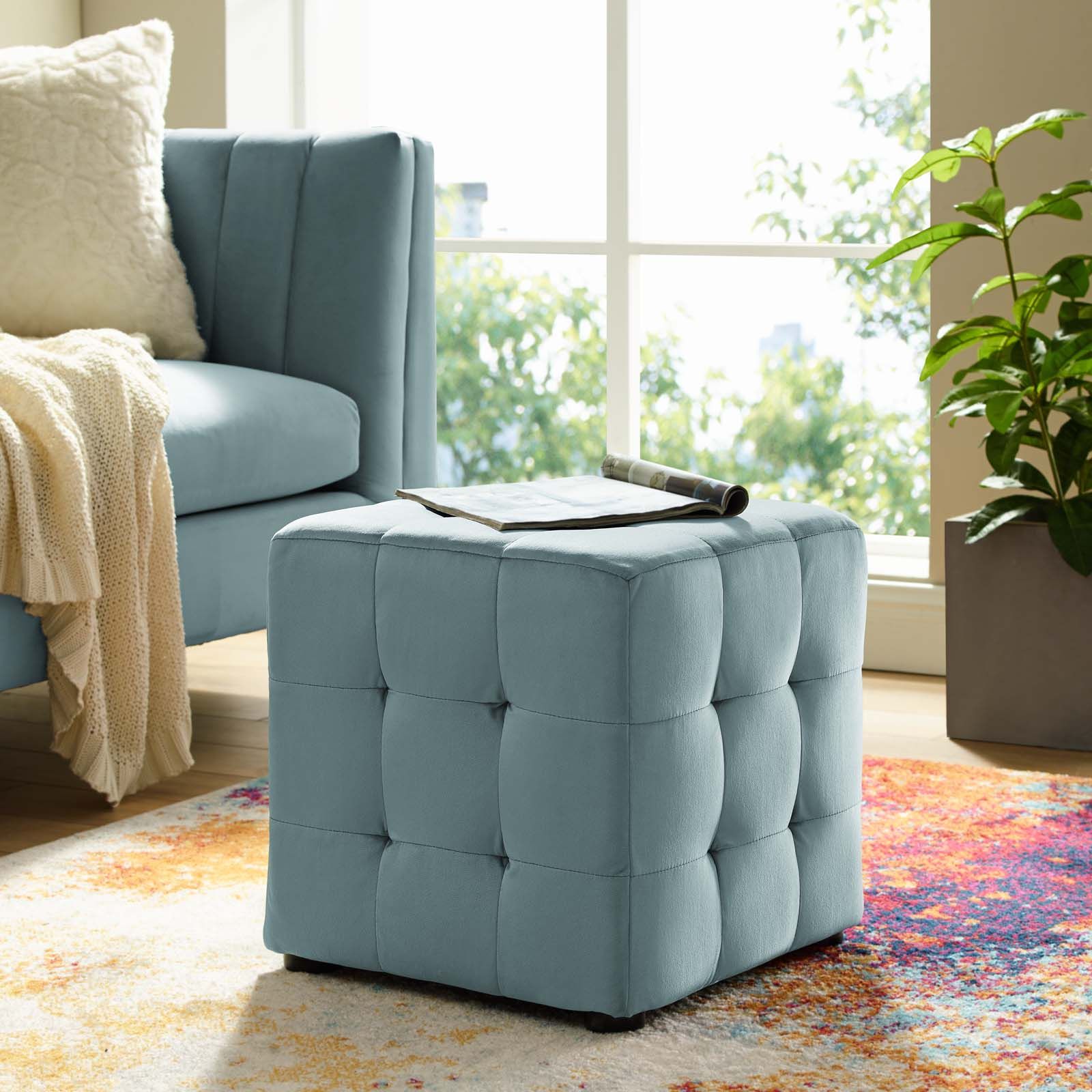 Contour Tufted Cube Performance Velvet Ottoman Light Blue Intended For Solid Cuboid Pouf Ottomans (View 20 of 20)